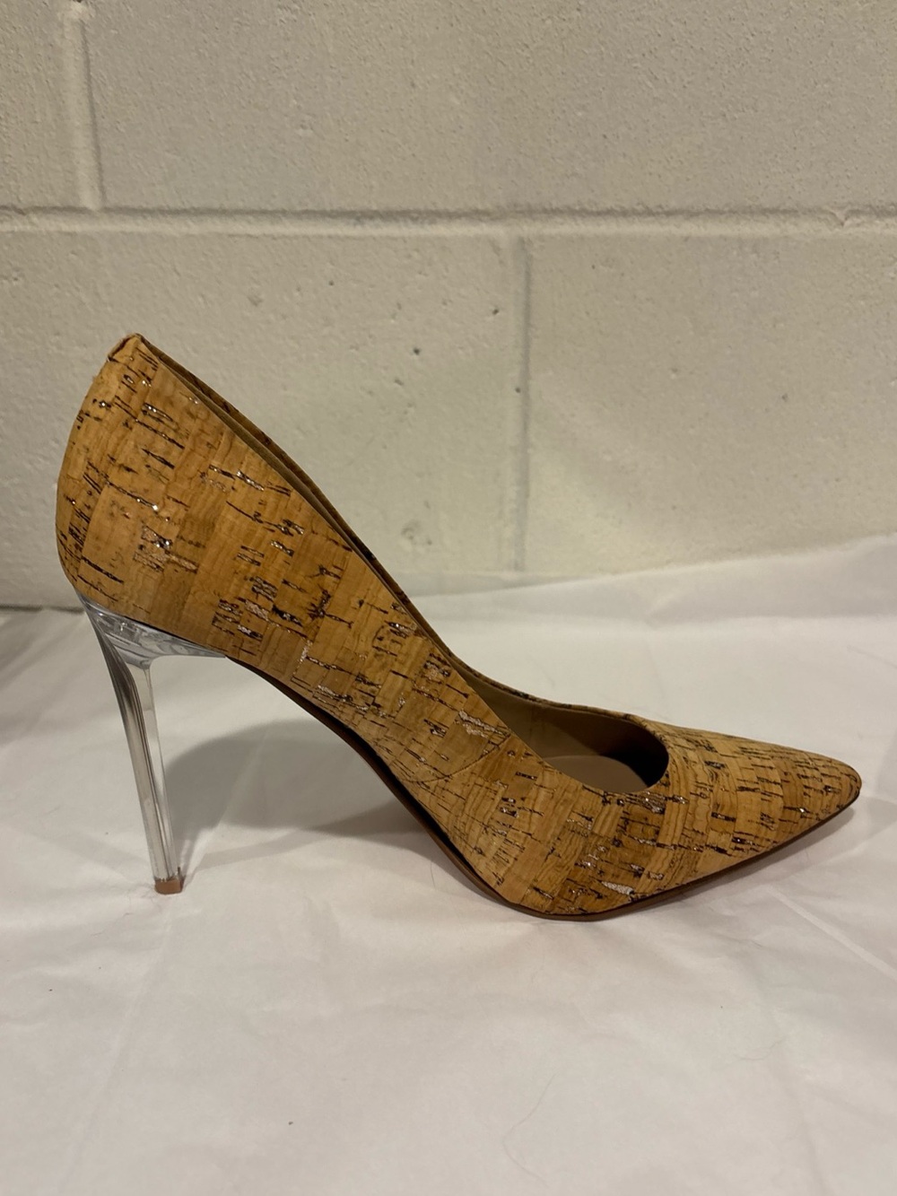 Mix No 6 Forest Cork Pumps Heels Clear Lucite Stilettos Silver Flecks 10M - Picture 8 of 10